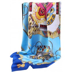 100% Silk Scarf, Extra-Large, Royal Drums, Blue