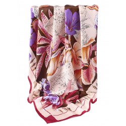 100% Silk Scarf, Extra-Large, Flowers & Pen & Ink Wildlife, Purple