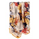 100% Silk Scarf, Extra-Large, Flowers & Pen & Ink Wildlife, Blue/Gold
