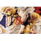 100% Silk Scarf, Extra-Large, Flowers & Pen & Ink Wildlife, Blue/Gold