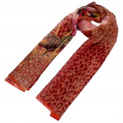 100% Silk Scarf, Oblong, Georgette, Wild Lily Leopard, Red/Yellow/Brown