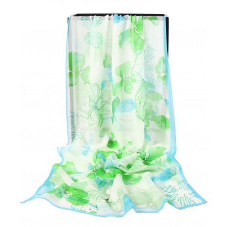 100% Silk Scarf, Oblong, Georgette, Floral Watercolor, Green/Blue