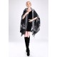 Blended Cashmere Shawl with Hood, Sleeves & Fringe Trim, Gray & Black