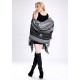 Blended Cashmere Shawl with Hood, Sleeves & Fringe Trim, Gray & Black