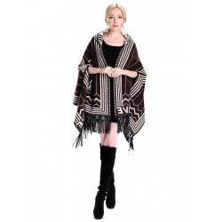 Blended Cashmere Shawl with Hood, Sleeves & Fringe Trim, Coffee & White