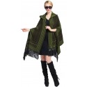 Blended Cashmere Shawl with Hood, Sleeves & Fringe Trim, Green & Black