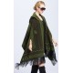 Blended Cashmere Shawl with Hood, Sleeves & Fringe Trim, Green & Black