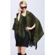 Blended Cashmere Shawl with Hood, Sleeves & Fringe Trim, Green & Black