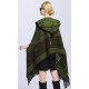 Blended Cashmere Shawl with Hood, Sleeves & Fringe Trim, Green & Black