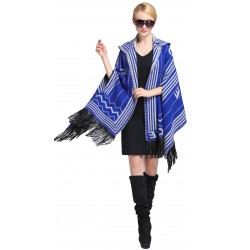 Blended Cashmere Shawl with Hood, Sleeves & Fringe Trim, Royal Blue & Gray