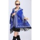 Blended Cashmere Shawl with Hood, Sleeves & Fringe Trim, Royal Blue & Gray