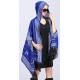 Blended Cashmere Shawl with Hood, Sleeves & Fringe Trim, Royal Blue & Gray