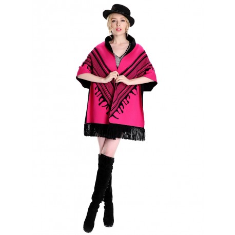 Blended Cashmere Shawl with Fringe Trim, Pink & Black