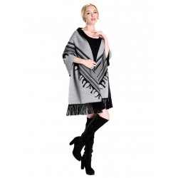 Blended Cashmere Shawl with Fringe Trim, Gray & Black