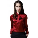 Solid Color, Long Sleeve Satin Silk Blouse, Maroon, Size Small