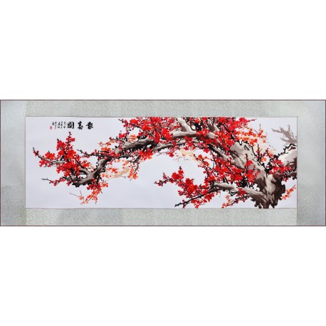 Grace Art, Extra Large, Oblong Asian Silk Embroidery Art Wall Hanging, Wide Format, Plum Blossom