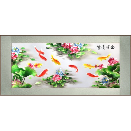 Grace Art, Extra Large, Oblong Asian Silk Embroidery Art Wall Hanging, Wide Format, Fish