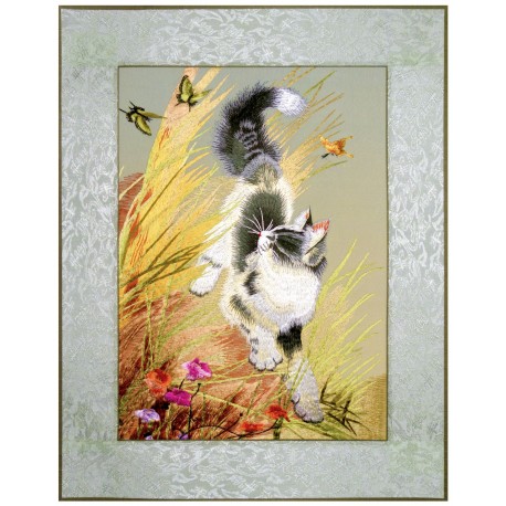 Grace Art, Large Asian Silk Embroidery Art Wall Hanging, Cat