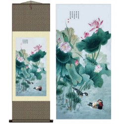 Grace Art Asian Wall Scroll, Mandarin Duck Couple With Water Lilies