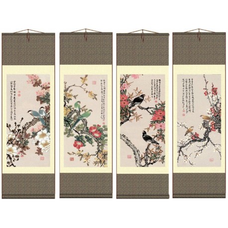 Grace Art Asian Wall Scroll, Set of 4, Four Seasons with Birds