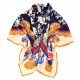 100% Silk Scarf, Extra-Large, Floral Ribbon Kaleidoscope, Dark Blue with Orange Trim