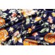 100% Silk Scarf, Extra-Large, Floral Ribbon Kaleidoscope, Dark Blue with Orange Trim