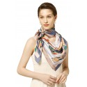 100% Silk Scarf, Extra-Large, Fashion Design Studio, Multicolored with Taupe/Blue Trim