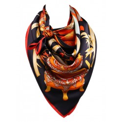 100% Silk Scarf, Extra-Large, Bamboo & Vase, Orange and Black