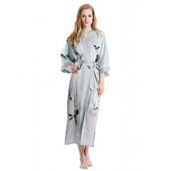 Grace Silk 100% Silk Long Robe Kimono, Butterflies, Silver