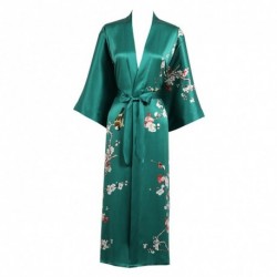 Grace Silk 100% Silk Long Robe Kimono, Plum Blossoms, Green
