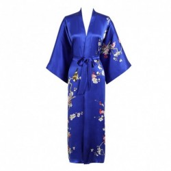 Grace Silk 100% Silk Long Robe Kimono, Plum Blossoms, Blue