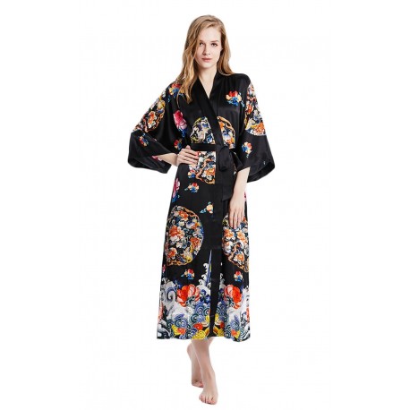 Grace Silk 100% Silk Long Robe Kimono, Blossom Bouquets, Black