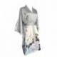 Grace Silk 100% Silk Short Robe Kimono, Lovebirds in Plum Blossom Branches, Silver