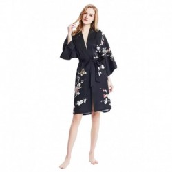 Grace Silk 100% Silk Short Robe Kimono, Plum Blossoms, Black