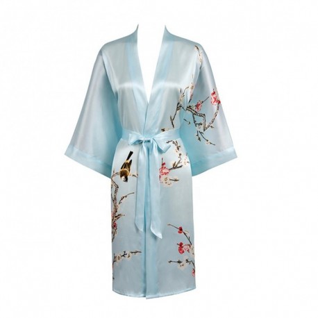 Grace Silk 100% Silk Short Robe Kimono, Plum Blossoms, Light Blue