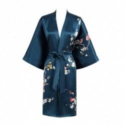 Grace Silk 100% Silk Short Robe Kimono, Plum Blossoms, BlueGreen