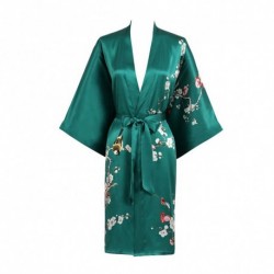 Grace Silk 100% Silk Short Robe Kimono, Plum Blossoms, Green