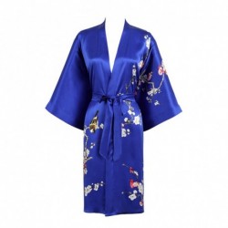 Grace Silk 100% Silk Short Robe Kimono, Plum Blossoms, Blue