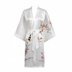 Grace Silk 100% Silk Short Robe Kimono, Plum Blossoms, White