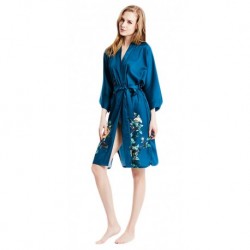 Grace Silk 100% Silk Short Robe Kimono, Birds & Blossoms, Dark BlueGreen