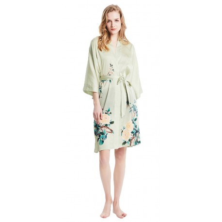 Grace Silk 100% Silk Short Robe Kimono, Birds & Blossoms, Light Olive