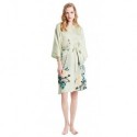 Grace Silk 100% Silk Short Robe Kimono, Birds & Blossoms, Light Olive