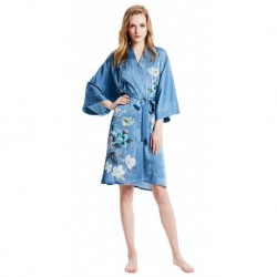 Grace Silk 100% Silk Short Robe Kimono, Floral Beauty, Cerulean Blue