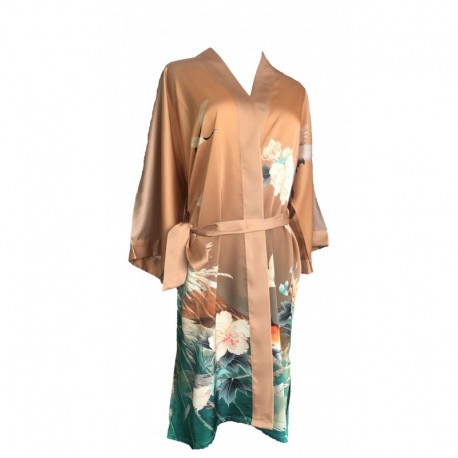 Grace Silk 100% Silk Short Robe Kimono, Tropical Treat, Orange