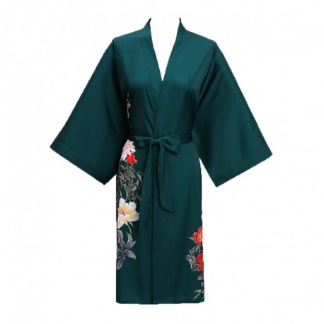 Grace Silk 100% Silk Short Robe Kimono, Fragrant Garden, Teal