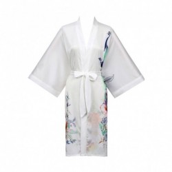 Grace Silk 100% Silk Short Robe Kimono, Peacock Paradise, White
