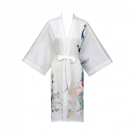 Grace Silk 100% Silk Short Robe Kimono, Peacock Paradise, White