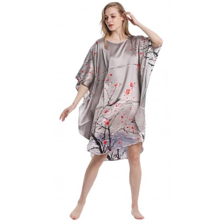 Grace Silk 100% Silk Nightgown, Plum Blossoms in Winter, Sliver