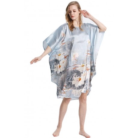 Grace Silk 100% Silk Nightgown, Floral Mural, Silver Blue