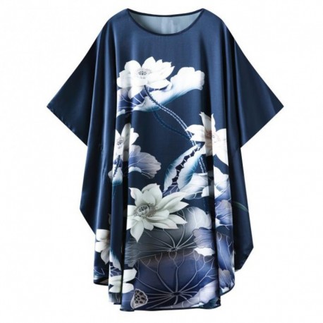 Grace Silk 100% Silk Nightgown, Rising Lotus Flowers, Blue